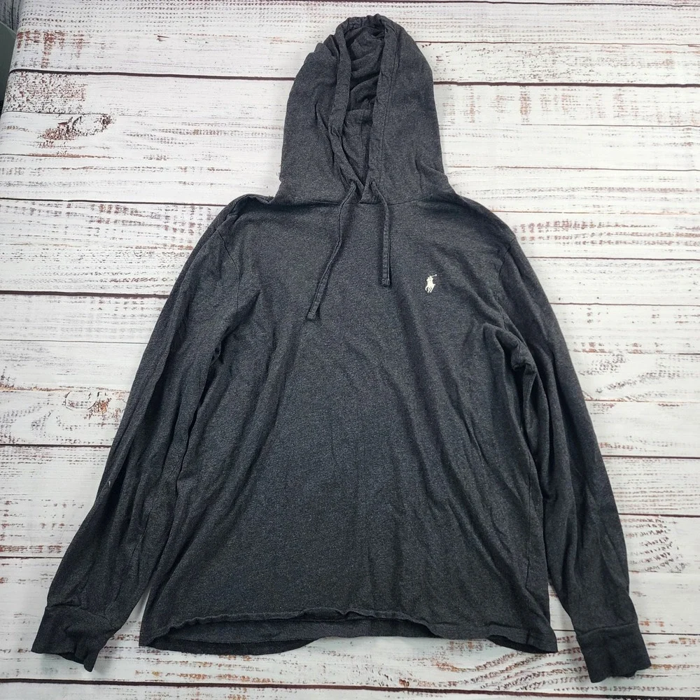 Polo Ralph Lauren Jersey Hooded T Shirt Mens L Gray Cotton Pony Cut Off Hem